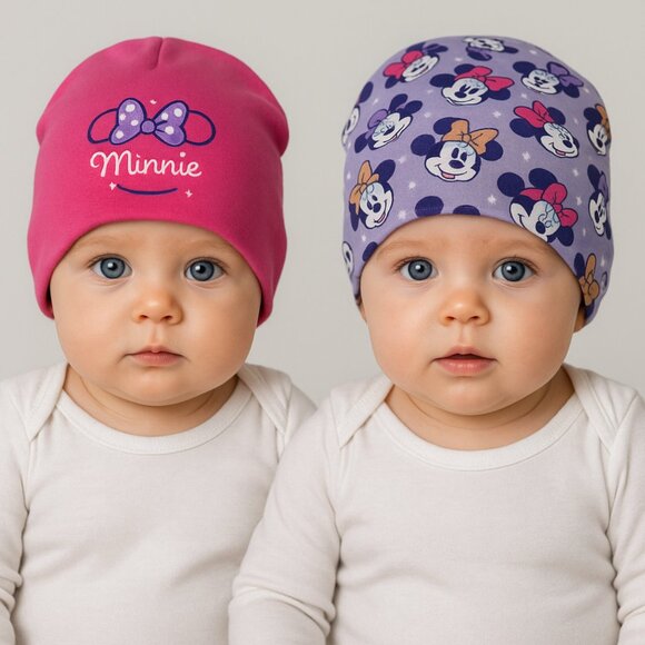 Disney Minnie Mouse Baby Girl Beanie Hat 6-12M Purple Pink Ears Bows Knit Cap - Picture 1 of 8